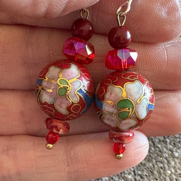 Hand Crafted Red Cloisonné Crystal Beaded Earrings - Picture 2 of 2
